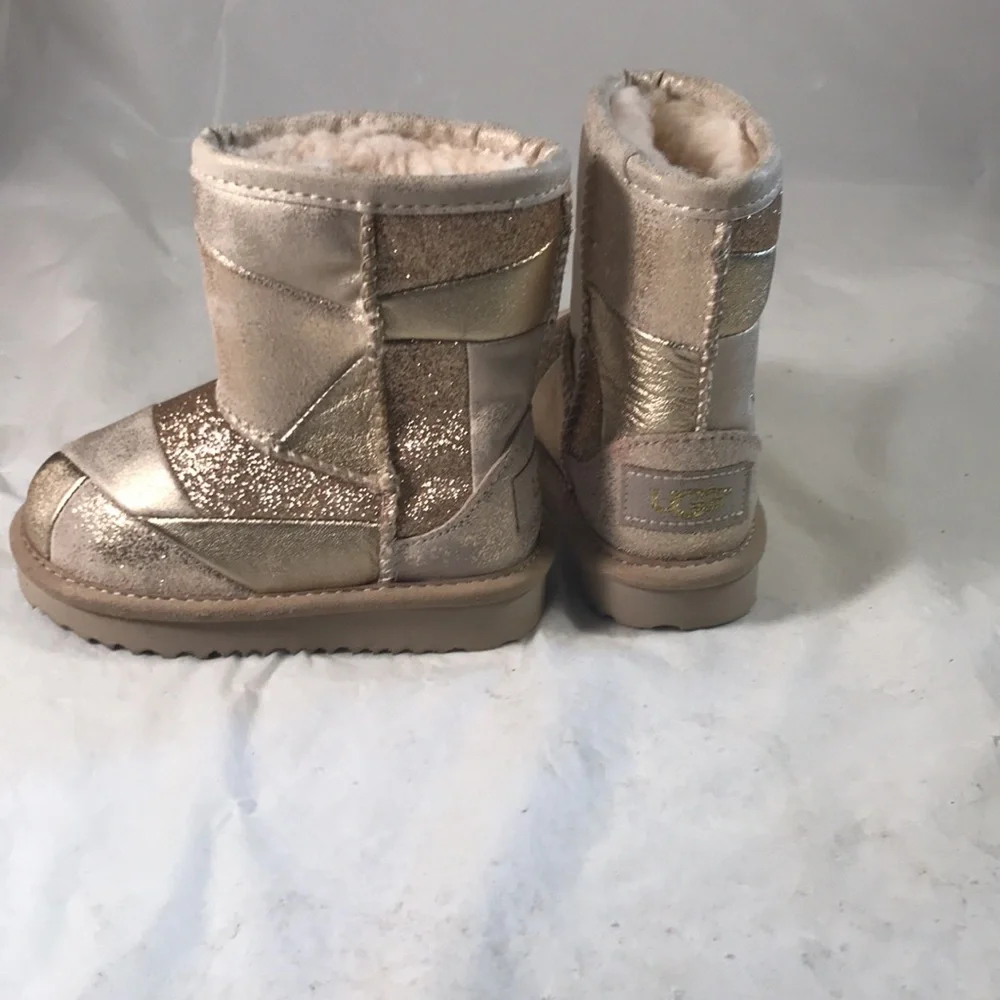 UGG Classic Short 2 Gold Patchwork Glitter Leather Shearling Lined Whimsy Boots